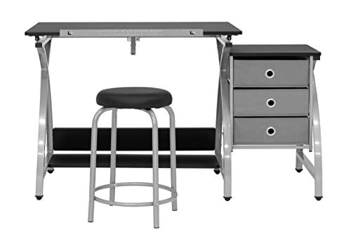 2 Piece Comet Art, Hobby, Drawing, Drafting, Craft Table with 36"W x 23.75"D Angle Adjustable Top and Stool in Silver/Black, Assembled Dimensions: 50" W x x 29.5" H