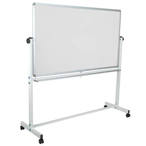 EMMA + OLIVER 62.5"W x 62.25"H Reversible Mobile Cork Bulletin Board and White Board with Pen Tray