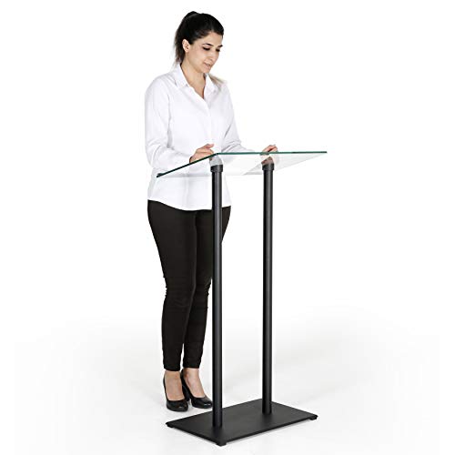 M&T Displays Tempered Clear Glass Conference Podium Stand - Black Aluminum - 43.9" Height - Floor Standing Lectern