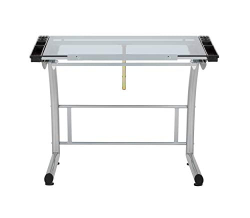 SD STUDIO DESIGNS Triflex Drawing Table, Sit to Stand Up Adjustable Office Home Computer Desk, 35.25" W X 23.5" D, Silver/Blue Glass