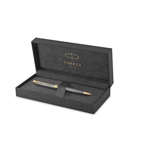 PARKER Sonnet Ballpoint Pen, Prestige Chiselled Silver with Gold Trim, Medium Point Black Ink
