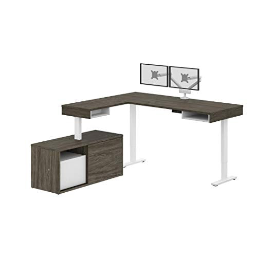 Bestar Pro-Vega L-Shaped Standing Desk with Dual Monitor Arm and Credenza, 81W, Walnut Grey & White