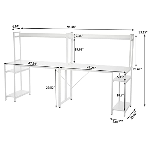 CCHH Double-Person Competitive Desktop Computer Table with Open Shelf, 94.5 Inch Extra Long Desk Writing Study Table Double Workstation Home Office Desk for Two People, Suitable for Gamers (White)
