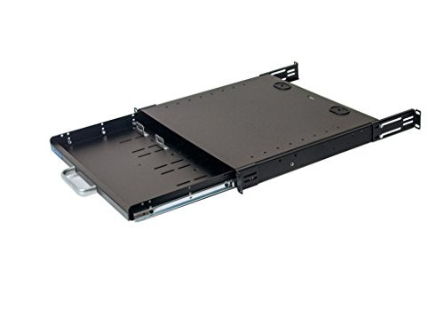 RSF1111BK21F4K2 1U Compact Rack Mount Keyboard Drawer with Retractable Mouse pad for Either Right or Left Hand Operator Supports 2 Post and 4 Post Rack from 15 inch up to 31 inch Depth Rack Cabinet