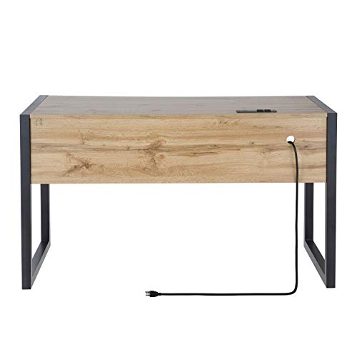M MAJOR-Q 99400-3179JET Tone 52" W Computer Desk with Two Drawers, Power Outlet, USB Ports-Sturdy Wooden Study, Home Office Writing Laptop Table Beige Oak and Black Finish
