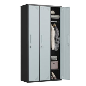 STANI Metal Lockers with Shelves and Lock, 71" Tall Steel Storage Cabinet (Black Grey, 3 Doors)