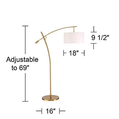 Possini Euro Design Raymond Modern Arc Floor Lamp 69" - Warm Gold Metal, Adjustable Boom Arm, White Linen Drum Shade - Living Room, Bedroom, Home Office Decor