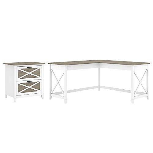 Bush Furniture Key West L Shaped Desk with 2 Drawer Lateral File Cabinet, 60W, Pure White and Shiplap Gray