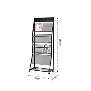 Generic 4-Layer Brochure Display Stand with Wheels, Floor Standing Magazine Rack for Exhibitions, Office, 64 * 35.5 * 159cm Black