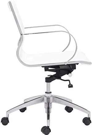 Zuo Modern 100375 Glider Low Back Office Chair, White, Slim Yet Comfortable Profile with Added Lumbar Support, Soft Leatherette Upholstery and Chrome Arms, Dimensions 27.6"W x 33.9"H x 27.6"L