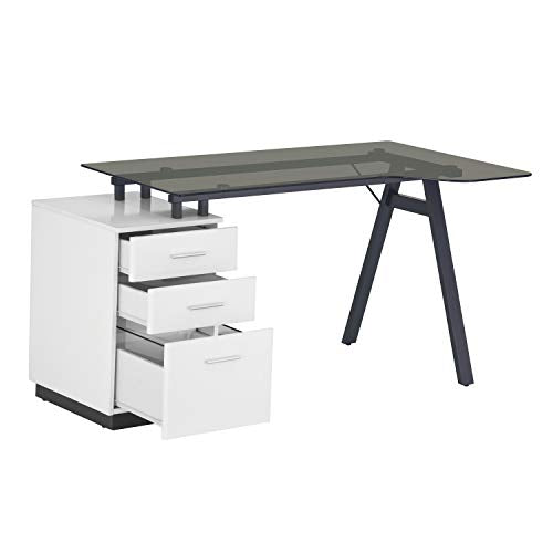 Techni Mobili Modern Smoke Tempered Glass top & Storage Home Office Computer Writing Desk Workstation with Two Cupholders and a Headphone Hook-Pine, White