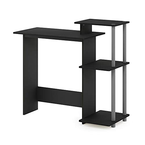 FURINNO Efficient Home Laptop Notebook Computer Desk, Square Side Shelves, Black/Grey