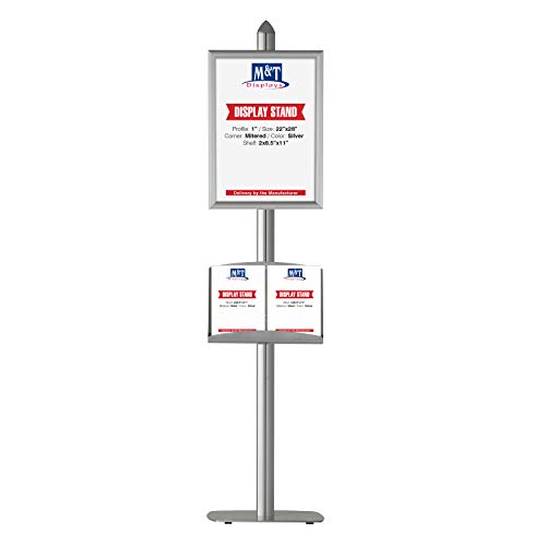 Free-Standing Poster Display Stand with Literature Rack, 22x28 Inch Poster Size Snap Open Frame with Steel Shelf (Silver)
