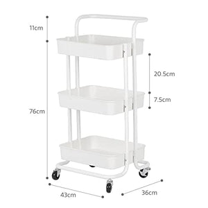 None 3-Tier Metal Rolling Utility Shelves Organizer Cart - White