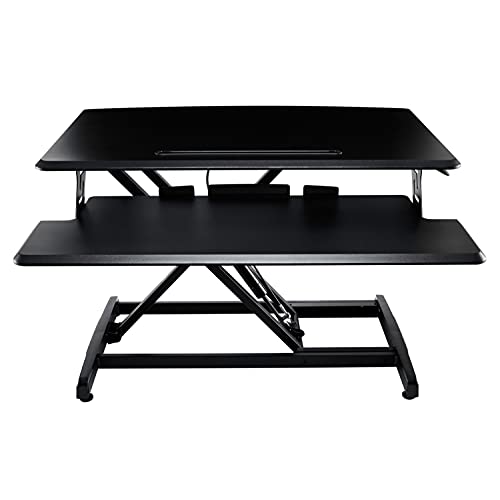 Seville Classics airLIFT Workstation Ergonomic Dual Monitor Riser with Keyboard Tray and Phone/Tablet Holder, Compact (30"), Black/Black