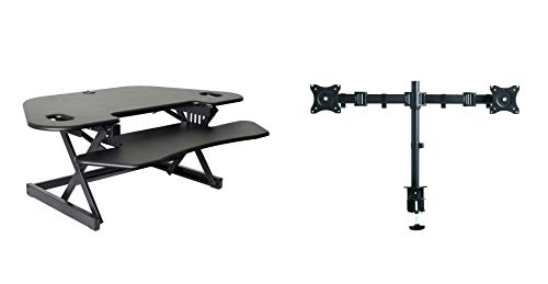 Rocelco 46" Height Adjustable Corner Standing Desk Converter with Dual Monitor Arm Bundle - Quick Sit Stand Up Computer Workstation Riser - Extra Large Keyboard Tray - Black (R CADRB-46-DM2)