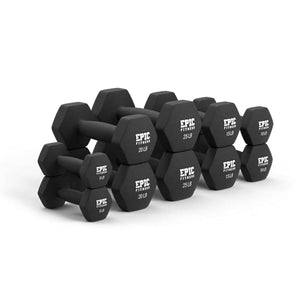 Epic Fitness 150-Pound Neoprene Hex Dumbbell Set with Heavy Duty A-Frame Rack