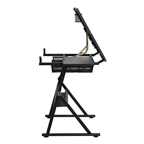 Glass Drafting Table Art Desk with Storage Drawer, Adjustable Tabletop Tilting & Height Black Laptop Desk for Living Room Bedroom Study