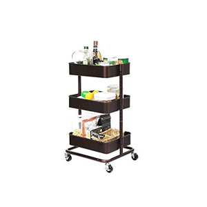 None 3-Tier Metal Rolling Utility Cart with Adjustable Shelves and Brakes (Brown 43 x 35 x 73.5cm)