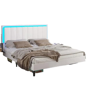 None LDCLHG LED Queen Size Leather Upholstered Platform Bed with Adjustable Headboard