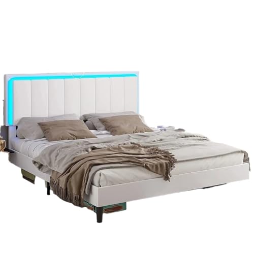 LDCLHG LED Queen Size Leather Upholstered Platform Bed with Adjustable Headboard