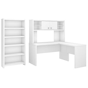 Office by kathy ireland Echo L Shaped Desk with Hutch and 5 Shelf Bookcase in Pure White
