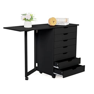 AcLipS 7-Drawer Wood Filing Cabinet Roll Cart with Desk - Black Color