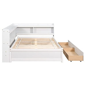 HomSof Full-L White Bed with L-Shaped Bookcases and Drawers