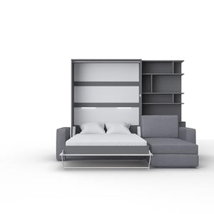 Maxima House Invento Vertical Wall Bed with Corner Sofa, Bookcase 55.1x78.7 inch (Slate Grey/White Monaco/Grey)