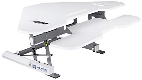 Mount-It! White Corner Standing Desk Converter | Height Adjustable 48” Wide Desktop | Corner Stand Up Desk with Gas Spring Handle | Stand Up Computer Workstation with Ergonomic Keyboard Tray | White