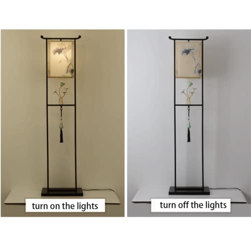 VejiA Chinese Ceramic Lotus Floor Lamp with Fabric Shade - Retro E27 Dimmable Standing Reading Light