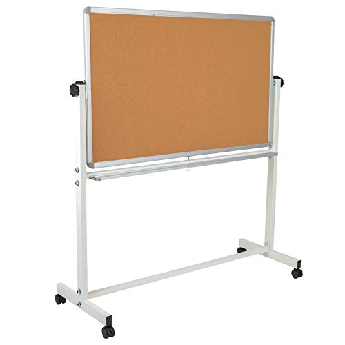 Flash Furniture HERCULES Series 53"W x 59"H Reversible Mobile Cork Bulletin Board and White Board with Pen Tray