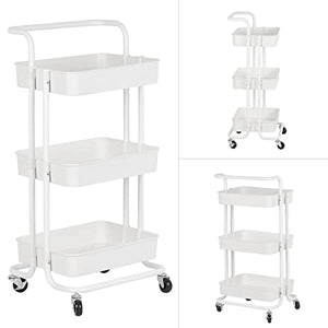 None 3-Tier Metal Rolling Utility Shelves Organizer Cart - White