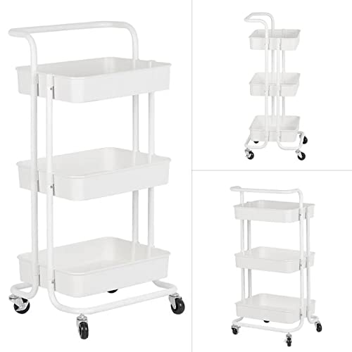 3-Tier Metal Rolling Utility Shelves Organizer Cart - White