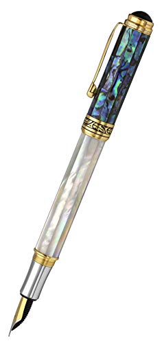 Xezo Maestro Handcrafted Oceanic Origin White Mother of Pearl and Paua Sea Shell Serialized Fine Fountain Pen. 18K Gold, Platinum Plated. No Two Alike