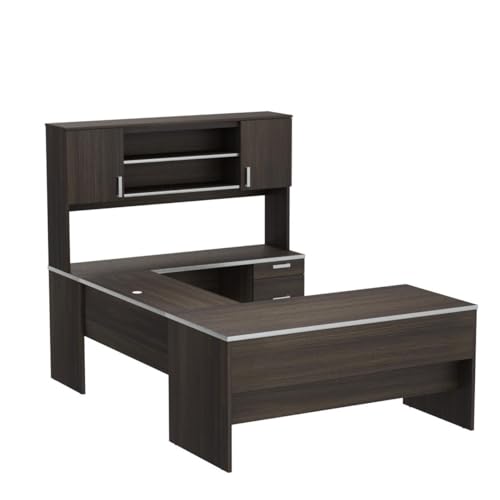Bestar Ridgeley U-Shaped Executive Desk with Pedestal and Hutch, 65W, Dark Chocolate