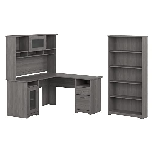 Bush Furniture L-Shaped Desk with Hutch, Bookcase - Modern Gray