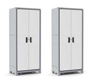 Keter Optima Wonder 72 x 31 x 18 in. Free Standing Plastic Tall Storage Cabinet with 4 Adjustable Shelves, White & Grey (Pack of 2)