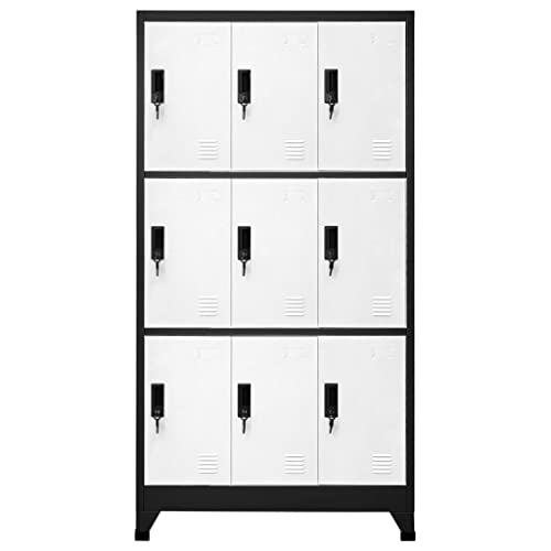 GOLINPEILO Metal Locker Storage Cabinet with 9 Lockable Doors, Anthracite and White Steel Organizer 35.4"x17.7"x70.9