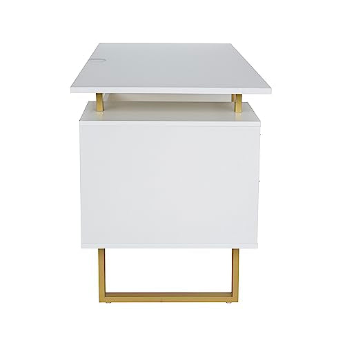Techni Mobili Modern Office Desk with Storage Drawers and Cabinet, White/Gold