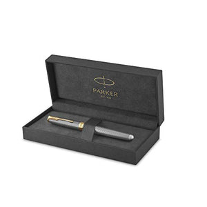 PARKER Sonnet Fountain Pen, Prestige Chiseled Silver with Gold Trim, Solid 18k Gold Fine Nib