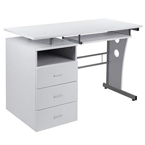 Flash Furniture White Desk with Three Drawer Pedestal and Pull-Out Keyboard Tray