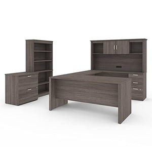 Pemberly Row 66" U-Shaped Desk with Hutch, File, and Bookcase in Bark Gray