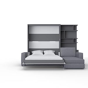 Maxima House Invento Vertical Wall Bed with Corner Sofa & Bookcase, 62.9 x 78.7 inch (Slate Grey/White Monaco/Grey)