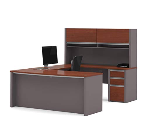 Bestar Connexion U-Shaped Workstation with Three Drawers, Bordeaux/Slate
