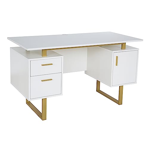 Techni Mobili Modern Office Desk with Storage Drawers and Cabinet, White/Gold