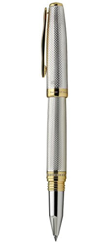 Xezo Solid 925 Sterling Silver Serialized Fine Rollerball Pen, 18K Gold Plated with Screw-On Cap. Swarovski Crystals Band (Maestro 925 Sterling Silver R-G)