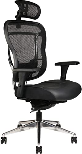 Oak Hollow Furniture Aloria Series Ergonomic Executive Office Chair Genuine Leather Seat Cushion Mesh Back Adjustable Lumbar Support Swivel Tilt High-Back (Black, Tall, Headrest)