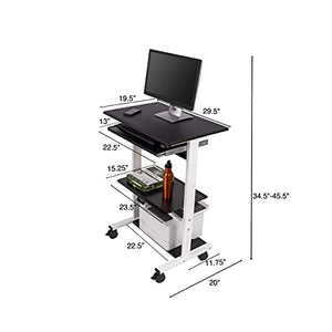 S Stand Up Desk Store Mobile Rolling Adjustable Height Standing Workstation with Printer Shelf and Keyboard Tray (White Frame/Black Top, 30" Wide)