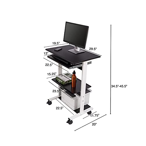 S Stand Up Desk Store Mobile Rolling Adjustable Height Standing Workstation with Printer Shelf and Keyboard Tray (White Frame/Black Top, 30" Wide)